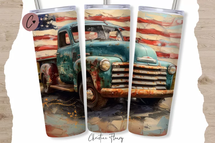 Patriotic Vintage Truck Tumbler Wrap PNG