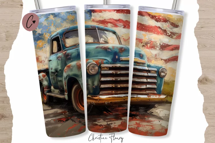 Patriotic Vintage Truck Tumbler Wrap PNG