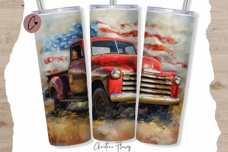 Patriotic Vintage Truck Tumbler Wrap PNG