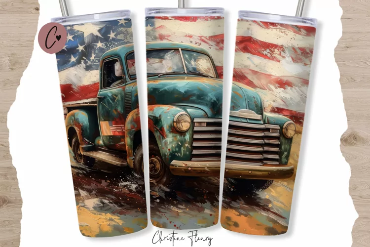 Patriotic Vintage Truck Tumbler Wrap PNG