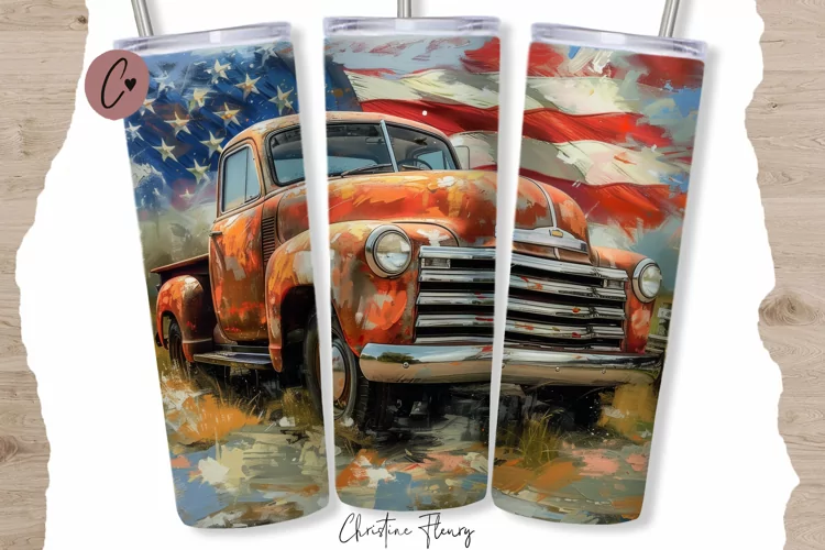 Patriotic Vintage Truck Tumbler Wrap PNG