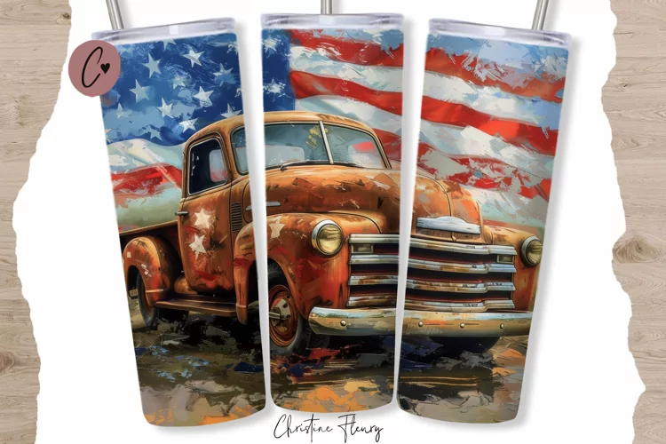 Patriotic Vintage Truck Tumbler Wrap PNG