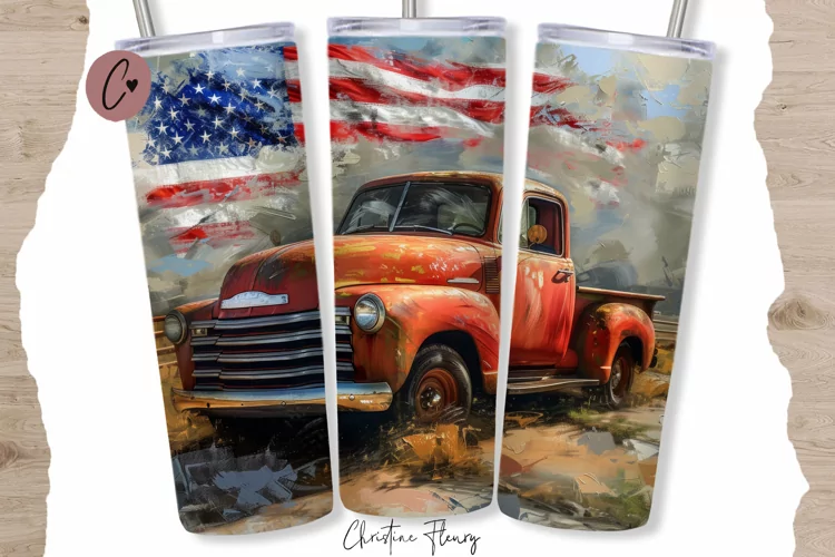 Patriotic Vintage Truck Tumbler Wrap PNG