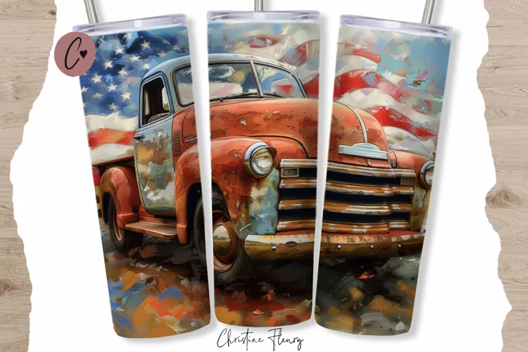 Patriotic Vintage Truck Tumbler Wrap PNG