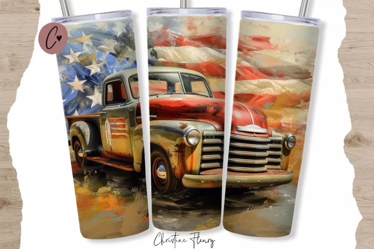Patriotic Vintage Truck Tumbler Wrap PNG
