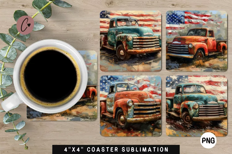 Patriotic Vintage Truck Coaster | 4th Of July Sublimation