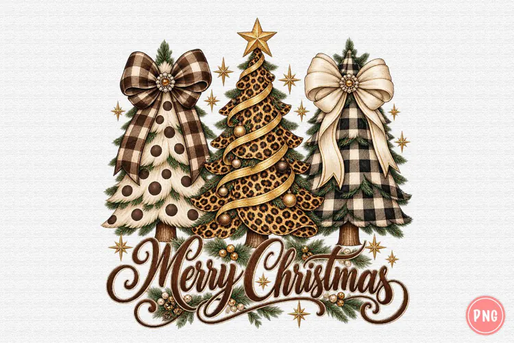 Merry Christmas Leopard Plaid Trees PNG | Rustic Farmhouse