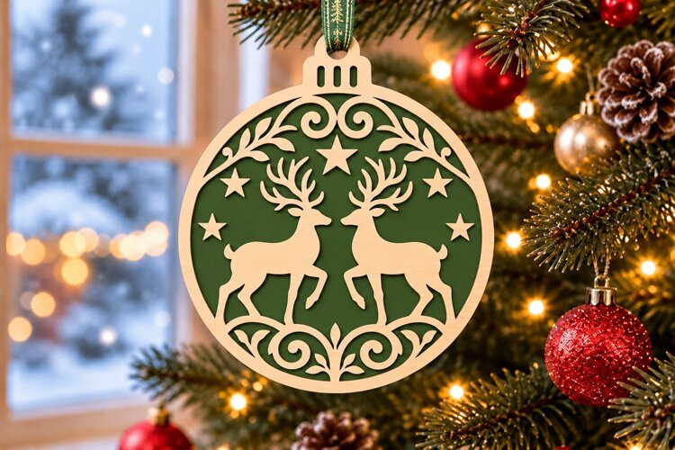 Rustic Reindeer Couple Christmas Ornament SVG example image 1