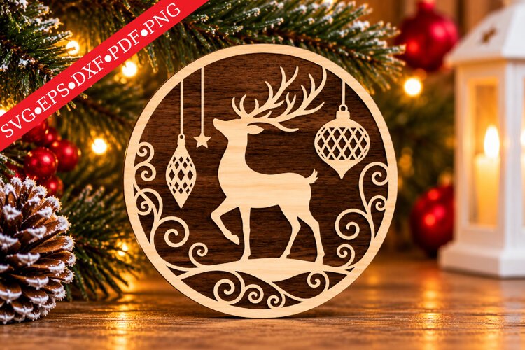 Rustic Reindeer Holiday Ornament SVG example image 1
