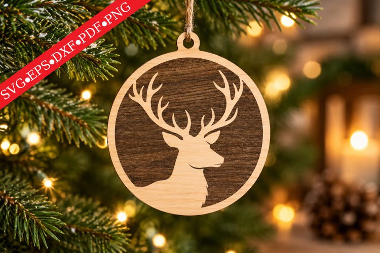 Rustic Stag Christmas Ornament SVG example image 1