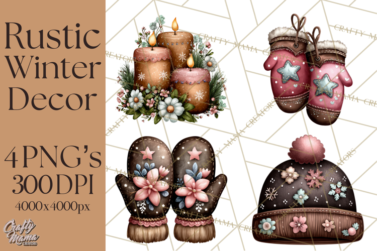 Rustic Winter Decor Clipart, Printable Cozy PNG, Folk Art
