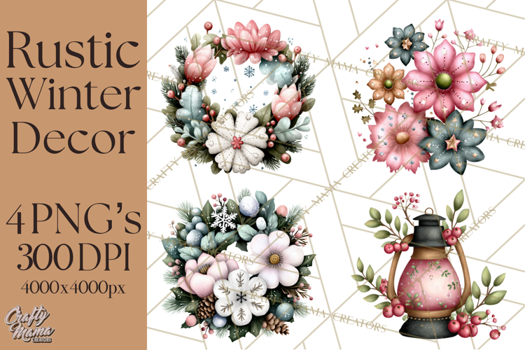 Rustic Winter Decor Clipart, Printable Cozy PNG, Folk Art