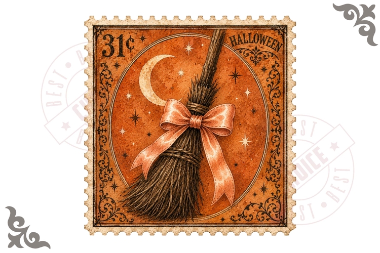 Rustic Witch Broom Halloween Postage Stamp PNG