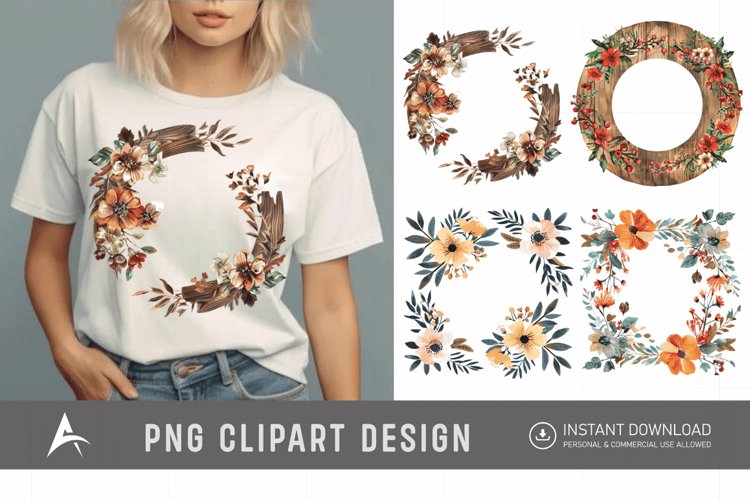 Watercolor Rustic Wooden Floral Frame Clipart