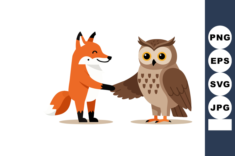 Fox and Owl Animal Friends Holding Hands Cute Cartoon Vector