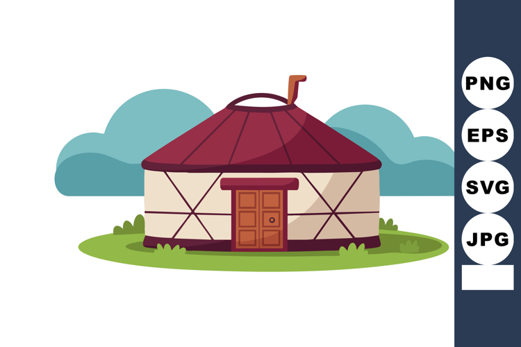 Traditional yurt tent with wooden door and red roof on green