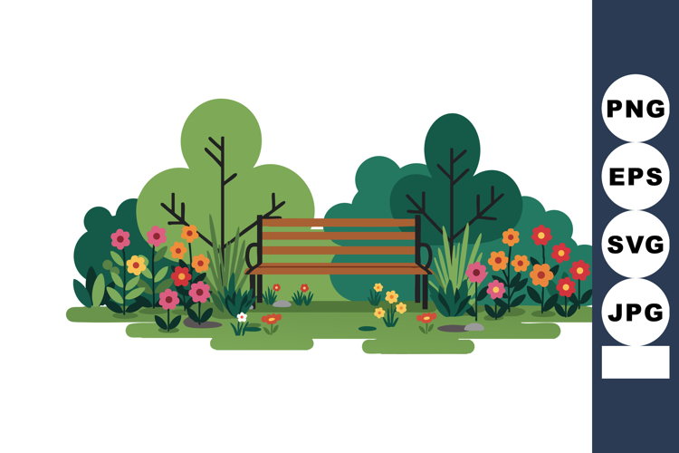 Garden bench surrounded by colorful flowers and green bushes