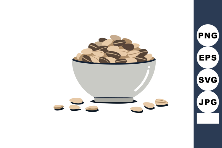 Bowl of whole and shelled pistachio nuts simple vector illus