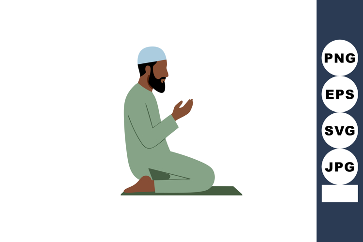 Muslim Man Praying in Green Clothing and White Cap Illustrat
