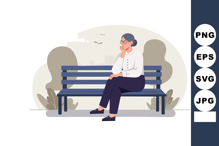 Thoughtful elderly woman sitting on bench outdoors in calm n