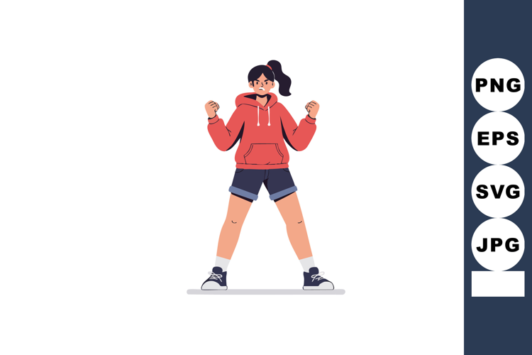 Young woman casual sportswear celebrating success in red hoo