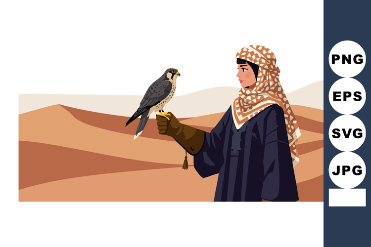 Falconer holding falcon in desert landscape with traditional