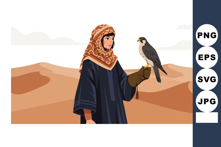 Middle Eastern falconer holding falcon in desert landscape i