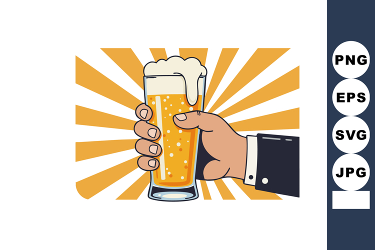 Hand Holding Cold Beer Glass with Foam and Sunburst Backgrou