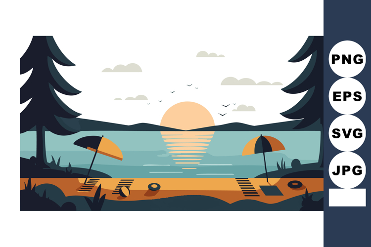 Sunset Beach Scene with Umbrellas Trees and Calm Water in Ve
