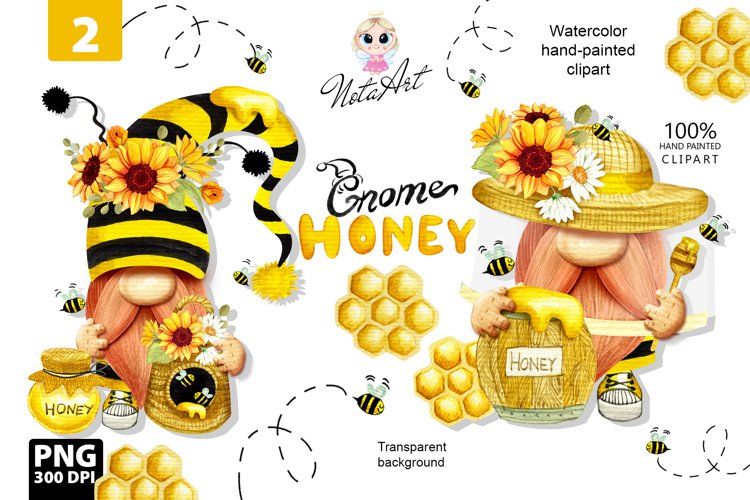 gnome bees with honey, Watercolor bee Gnome