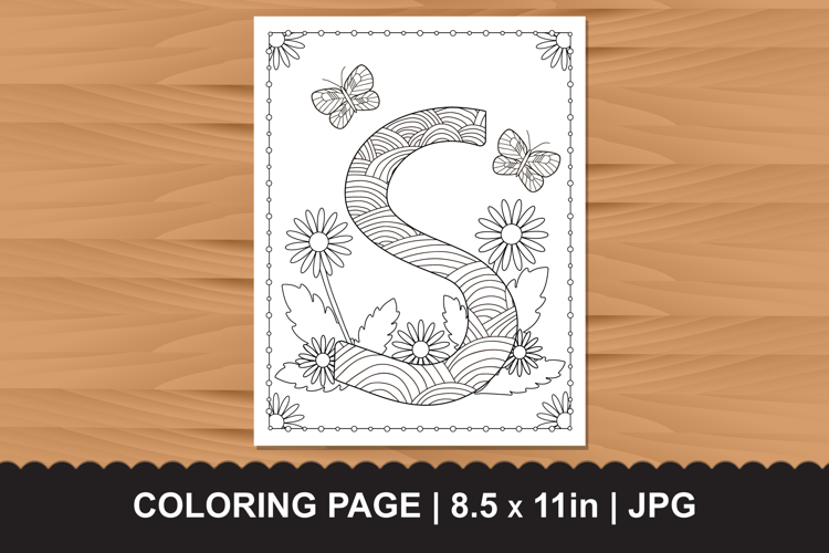 Letter S Coloring Page with Butterflies and Flowers