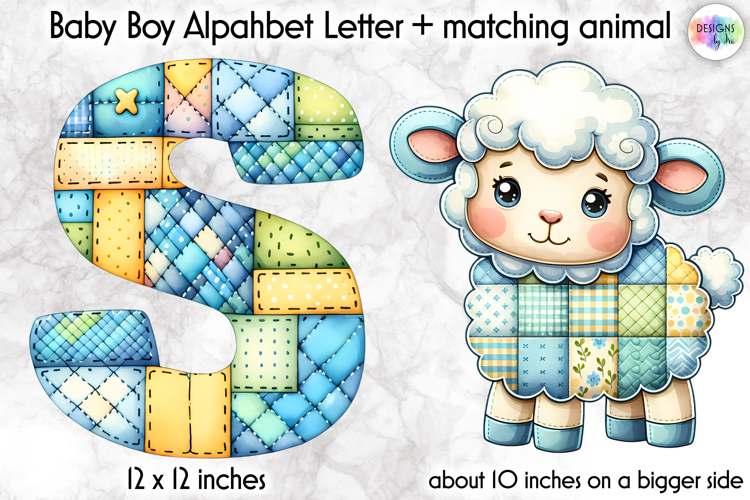 Cute Patchwork Baby Alphabet and Baby Animals PNG, Monogram
