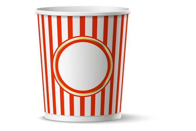 Round popcorn bucket. Striped disposable snack package mocku example image 1