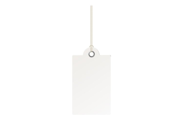 Blank price tag hanging on rope. Realistic paper mockup example image 1