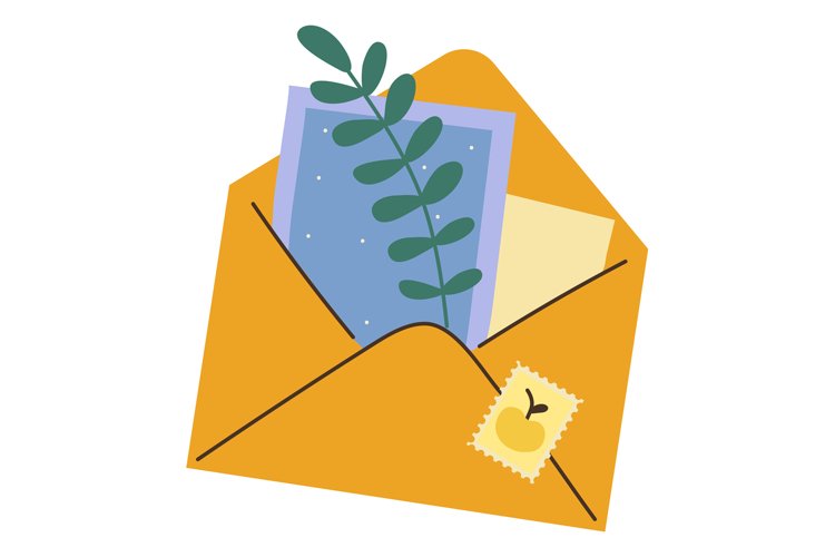Letter and postcard. Postal paper element. Open envelope wit