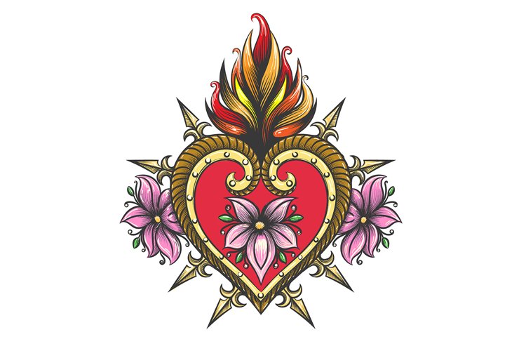 Sacred Heart Symbol Colorful Tattoo isolated on white