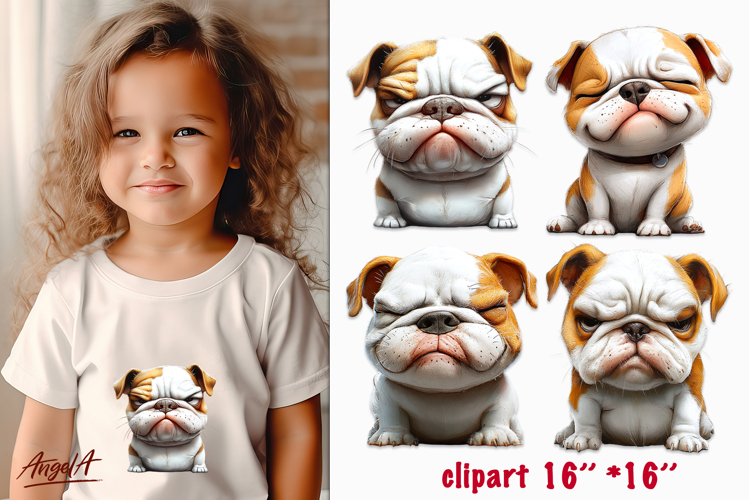 Sad dog clipart, American bulldog clipart, unhappy funny dog