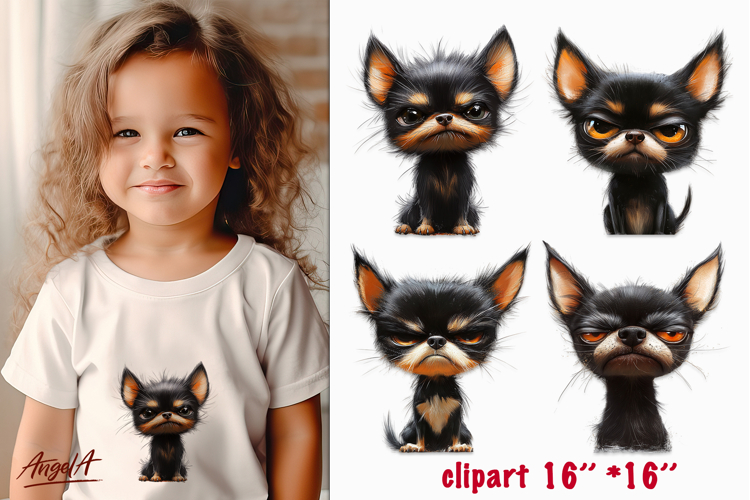 Sad dog clipart, black Chihuahua clipart, unhappy dogs PNG