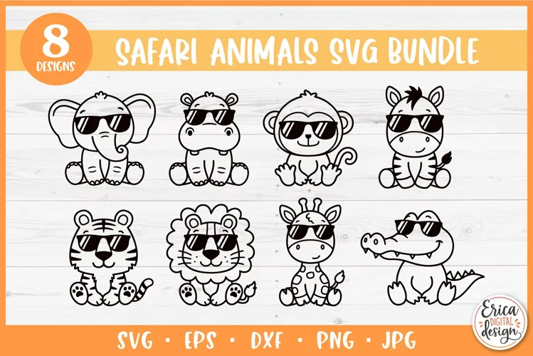Safari Funny Animals SVG Bundle | 8 Outline Cut Files