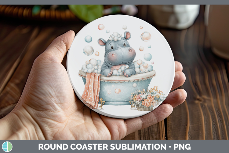 Hippo Safari Bathtub Round Coaster Sublimation Design