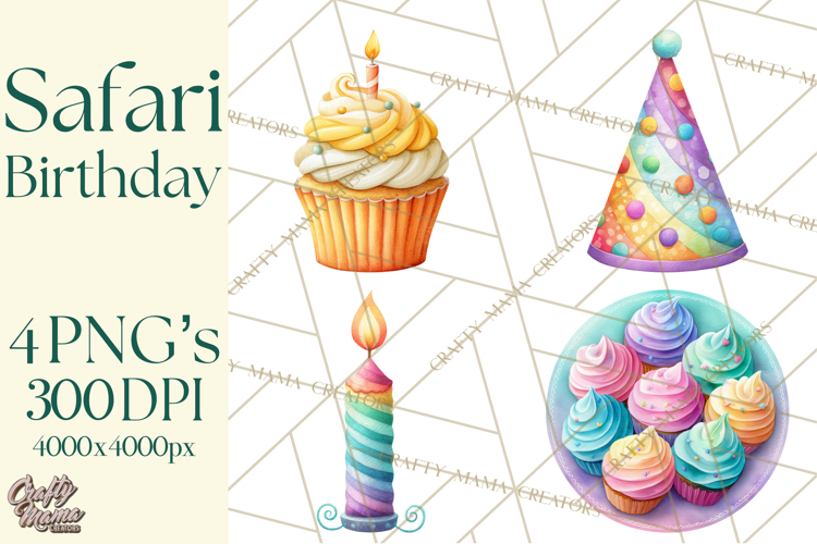Safari Birthday Clipart PNG, Watercolor Safari Animals