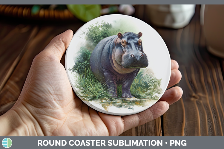Hippo Safari Botanicals Round Coaster Sublimation Design