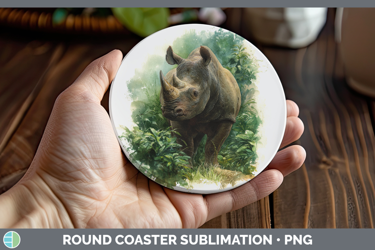 Rhino Safari Botanicals Round Coaster Sublimation Design