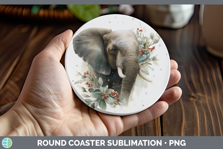 Elephant Safari Christmas Botanicals Round Coaster Sublimati