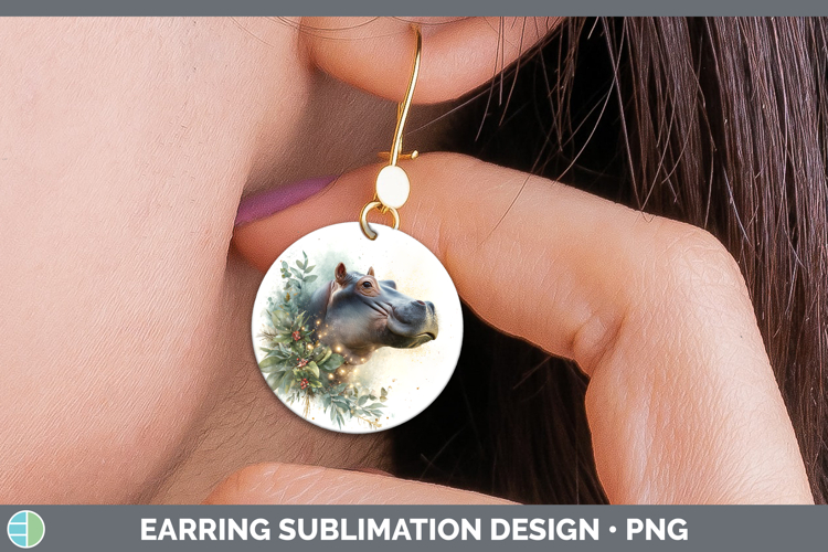 Hippo Safari Christmas Botanicals Round Earrings Sublimation