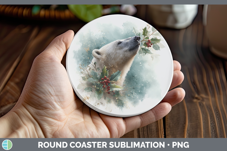 Polar Bear Safari Christmas Botanicals Round Coaster Sublima