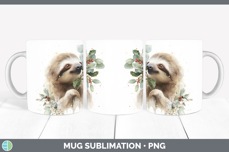 Sloth Safari Christmas Botanicals Mug Wrap Sublimation Desig