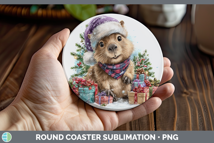 Safari Christmas Santa Capybara Round Coaster Sublimation Co