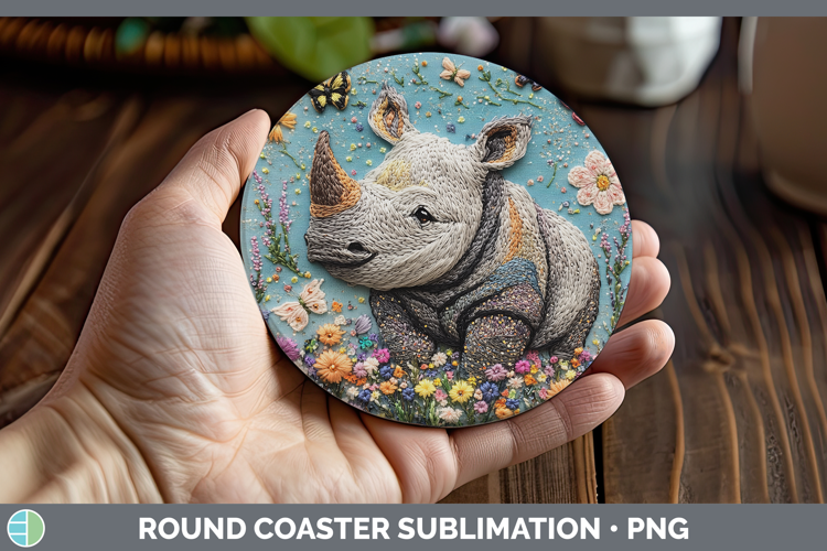 Safari Embroider Rhino Round Coaster Sublimation Coaster Des