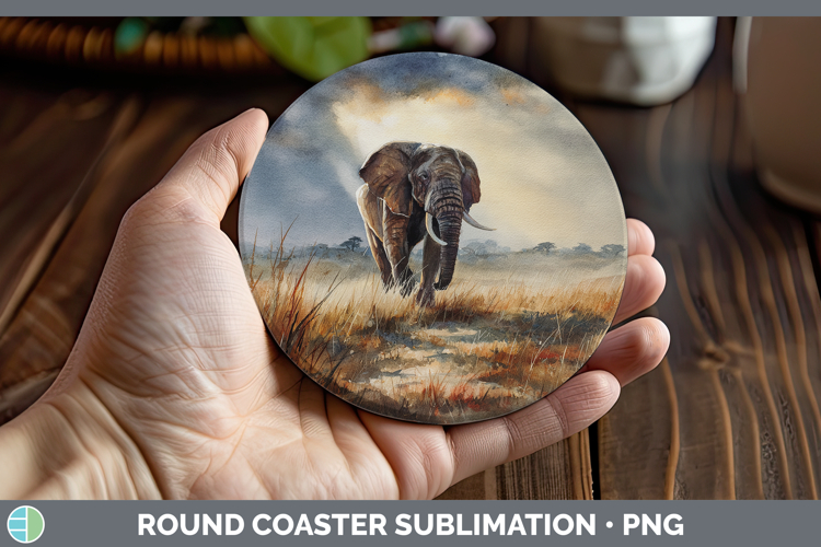 Elephant Safari Sunset Round Coaster Sublimation Design